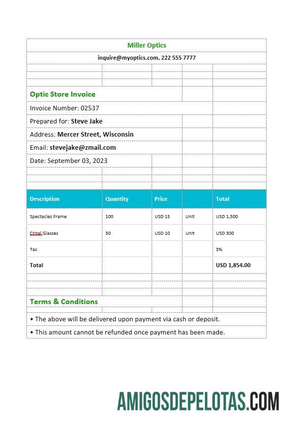 imprimível Modelo de fatura de loja óptica